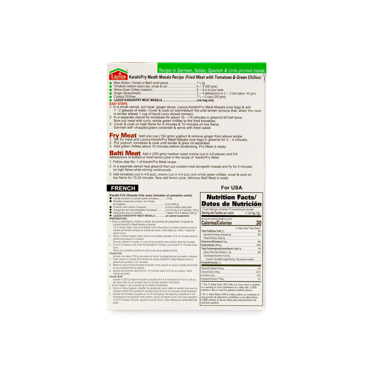 Laziza Karahi / Fry Meat Masala 90G ingredient