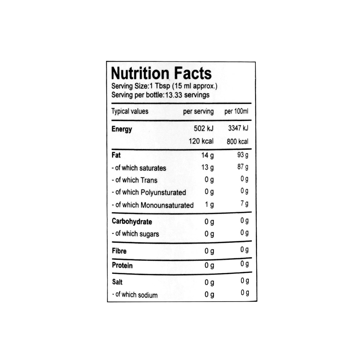 Nutritional facts Marhaba Coconut Oil