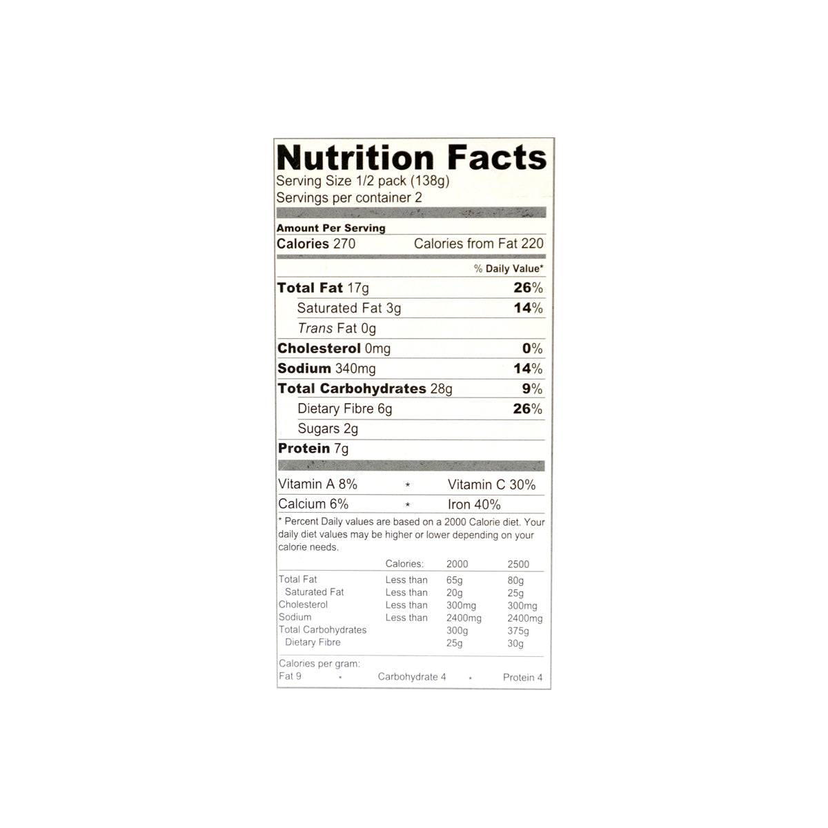 Freshmate Aaloo Methi Nutritional facts
